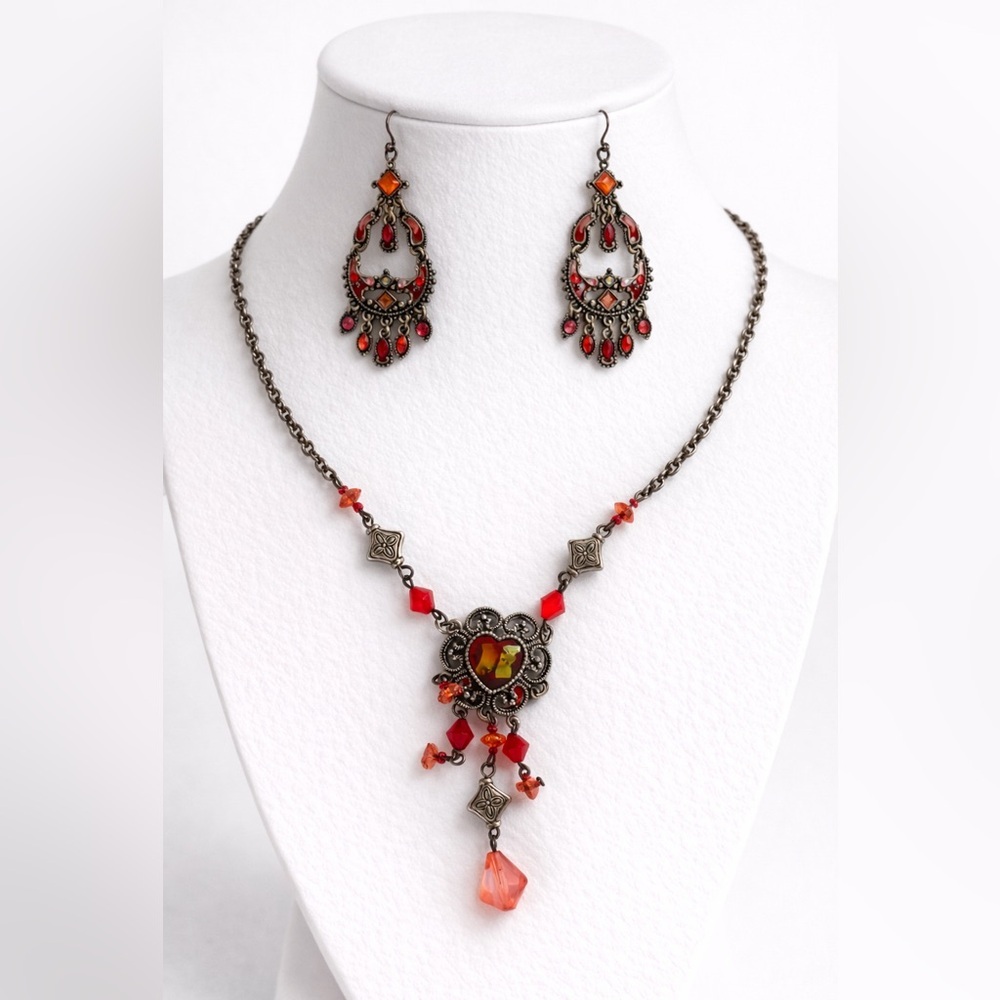 Vintage Inspired Gunmetal Statement Necklace & Chandelier Earrings Set Bohemian‎